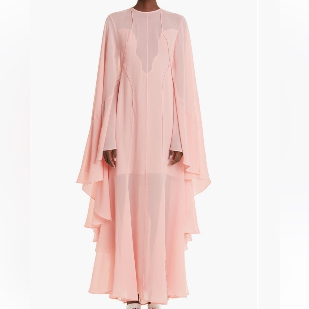 St. John plunging illusion, flowing long sleeve silk gown. - Picture 4 of 14